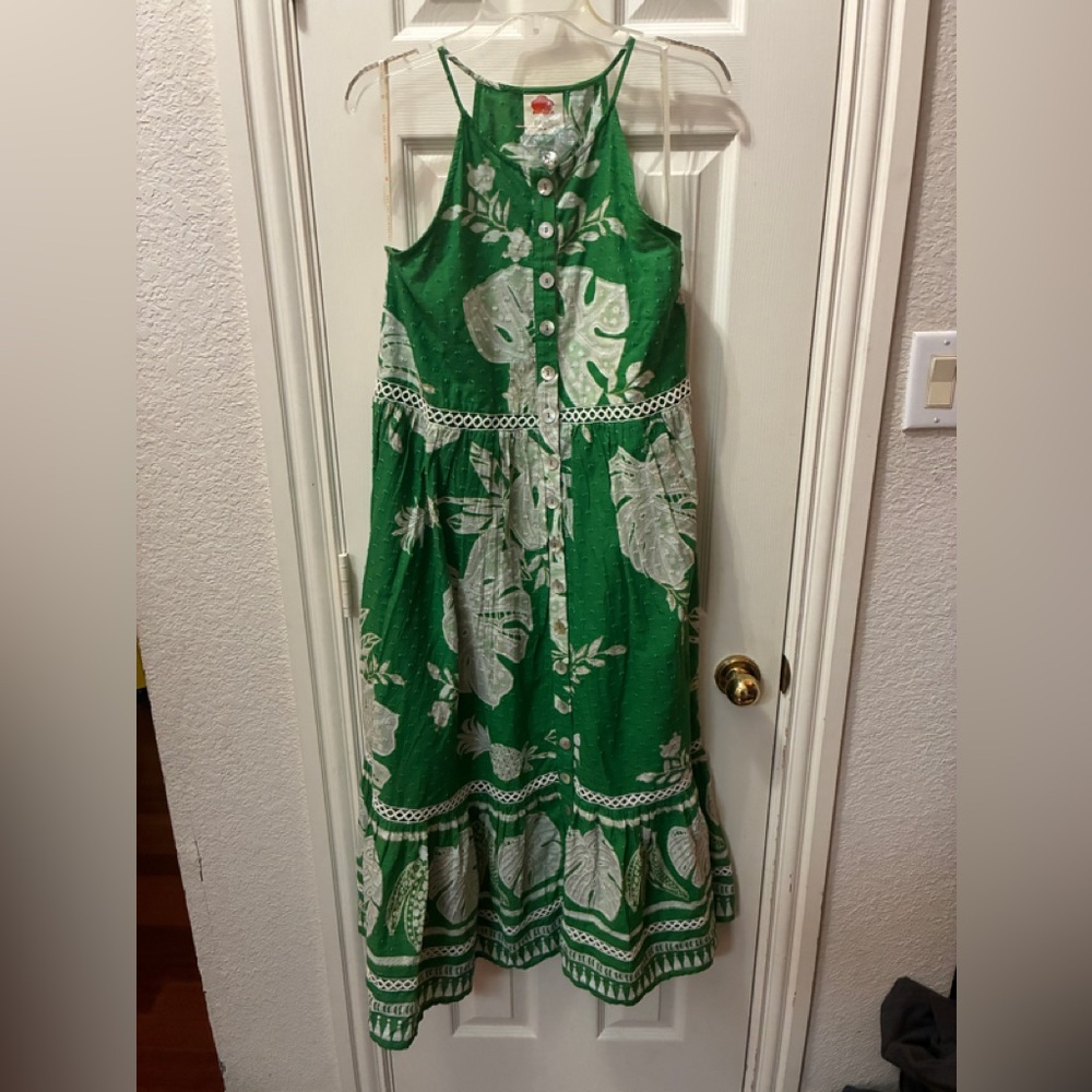 FARM Rio Green and White Leaf Print Dress